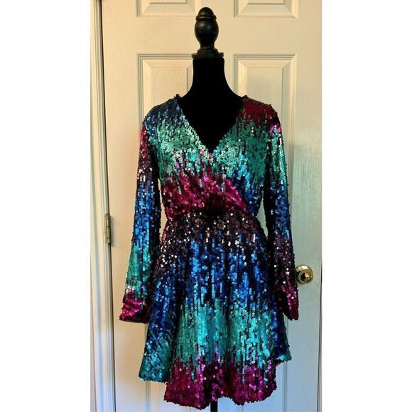Collective The Label Ombre Sequin Long Sleeve Fuchsia & Teal Mini Dress Women's - Picture 3 of 12